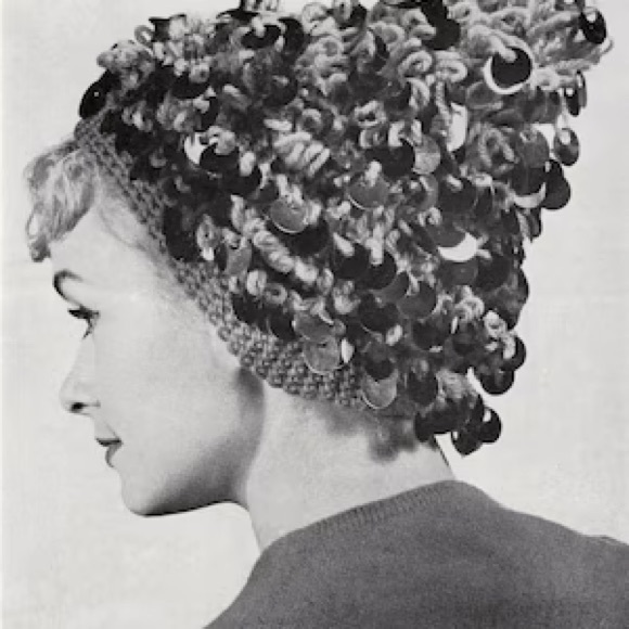 Vintage 60s Pailettes Sequin Crochet Wool Pixie Cap Hat - Picture 6 of 8